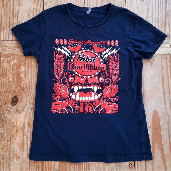 Pabst Blue Ribbon Tops - Pabst Blue Ribbon PBR Navy Red Fangs Graphic T-shirt M